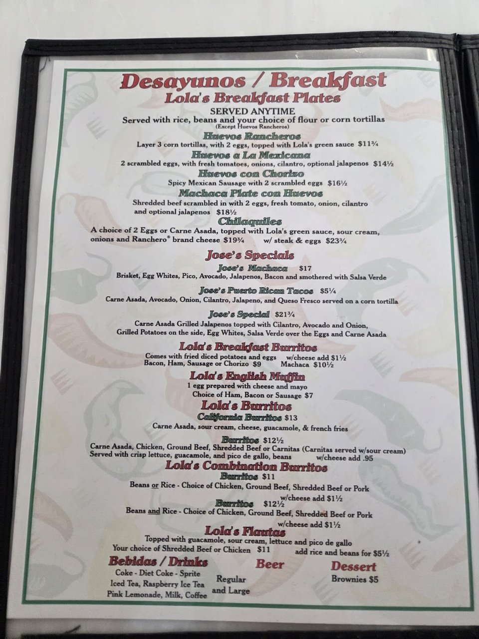 Breakfast plates and combination burritos listed