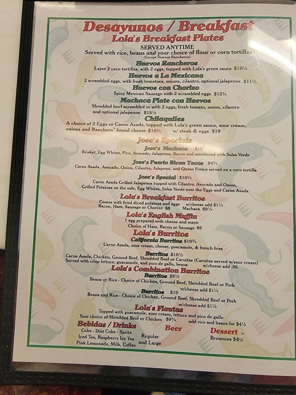 Printed menu with tacos and breakfast burritos